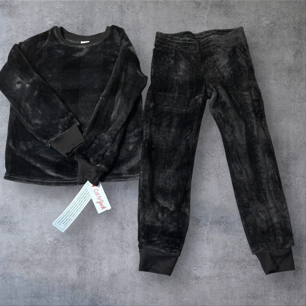 NEW‎ Cat Jack Kids Boys Girls M 8 Pajama Set Sleepwear Black Fleece Top Pants